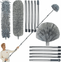 Staubwedel-Set mit hoher Reichweite, 6,8 m mit Verlängerungsstange für die Reinigung von Ventilatoren, Spinnennetz, hohen Decken, Jalousien, Möbeln, Autos – Spinnennetz-Mikrofaser-Staubwedel //