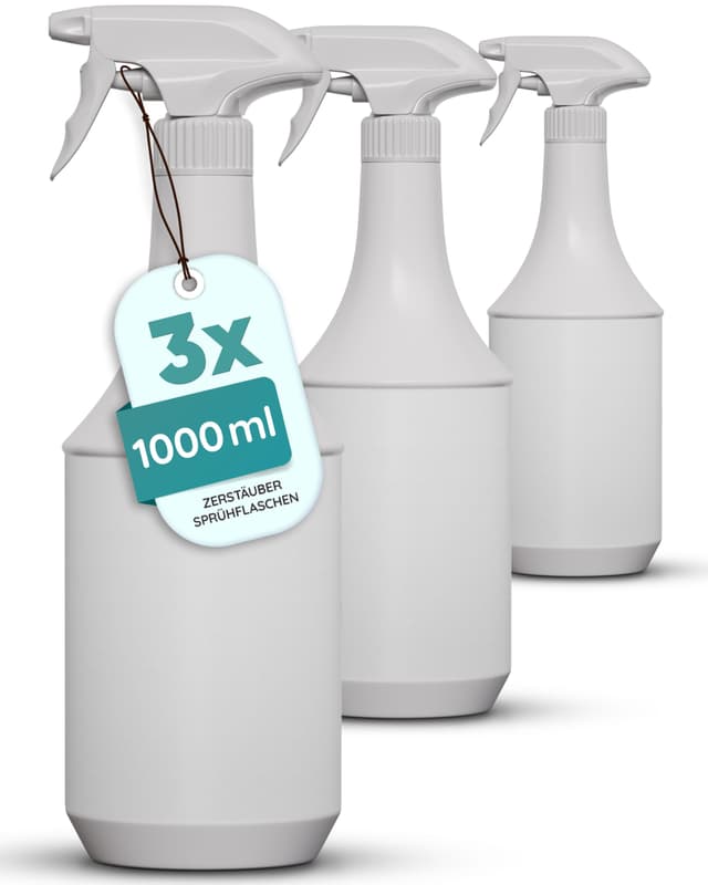 3x 1L Sprühflaschen mit Zerstäuber – Nachfüllbare Kunststoff-Sprühflasche für Reinigung, Garten & Haushalt – 1000 ml Sprühbehälter – Mehrweg Sprayer Flaschen 3x1L