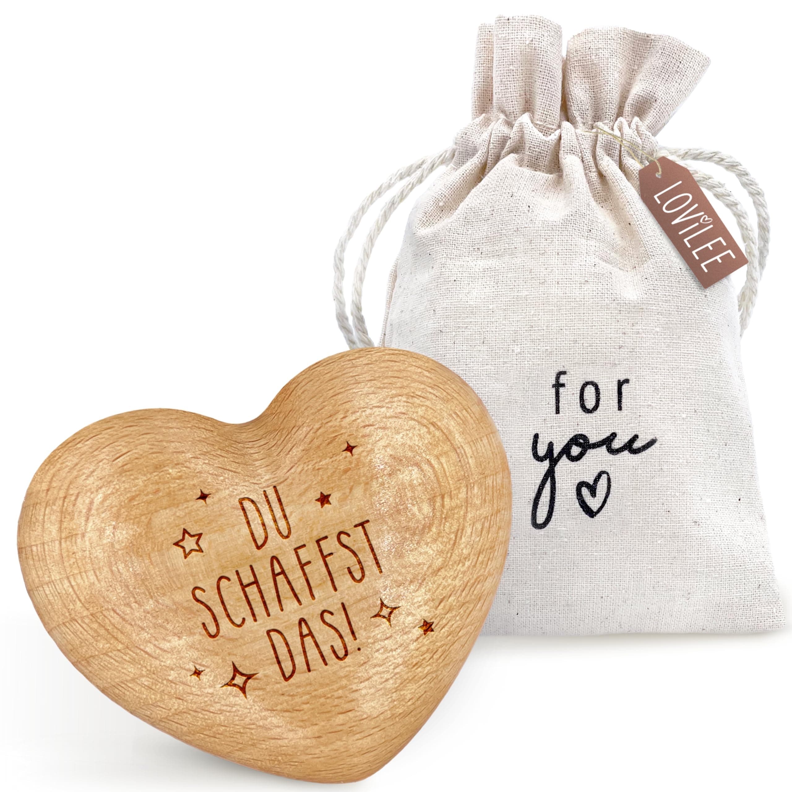 LOViLEE Du schaffst das - Handschmeichler Holz Glücksbringer Prüfung - Holz Herz inkl. Geschenkbeutel & Grußkartenset - Mutmacher Geschenk, Schutzengel Geschenk, Gute Besserung Geschenke Frauen