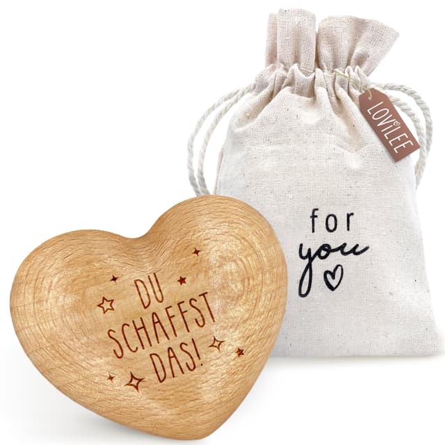 LOViLEE Du schaffst das - Handschmeichler Holz Glücksbringer Prüfung - Holz Herz inkl. Geschenkbeutel & Grußkartenset - Mutmacher Geschenk, Schutzengel Geschenk, Gute Besserung Geschenke Frauen