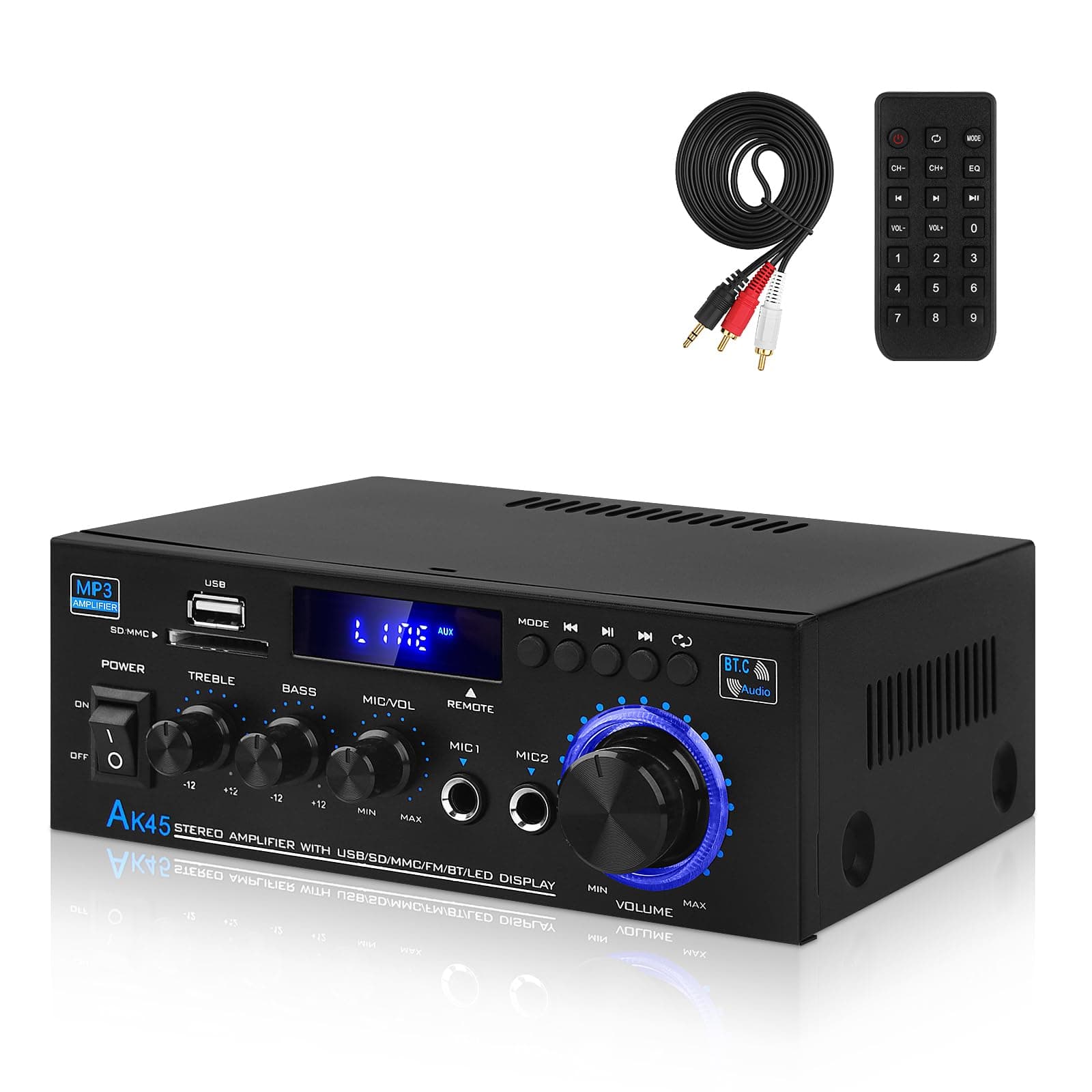 HiFi Verstärker mit Bluetooth, Mini Stereo Audio Amplifier Anlage 2.0 Kanäle 400W X 2 Endverstärker mit FM-Radio, BT, MIC, SD/USB-Eingang, Audiokabel für Heimkino Lautsprecher AK45 Angebot bei HelloDeals