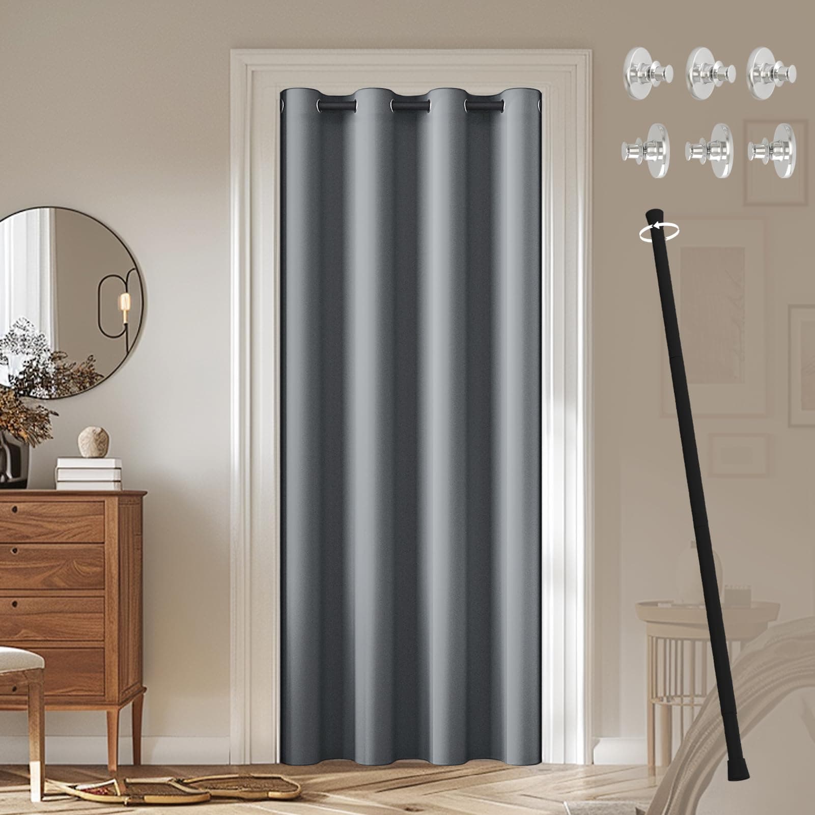 JCyh blickdichter Türvorhang mit Teleskopstange, einfache Montage ohne Bohren, 1 Stück Verdunkelungsvorhang Grau H 195 x B 132 cm für Zimmer tür, Stange Schwarz 70-125 cm H195 x B132 cm (1er Pack) Grau