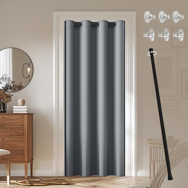 JCyh blickdichter Türvorhang mit Teleskopstange, einfache Montage ohne Bohren, 1 Stück Verdunkelungsvorhang Grau H 195 x B 132 cm für Zimmer tür, Stange Schwarz 70-125 cm H195 x B132 cm (1er Pack) Grau