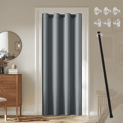 JCyh blickdichter Türvorhang mit Teleskopstange, einfache Montage ohne Bohren, 1 Stück Verdunkelungsvorhang Grau H 195 x B 132 cm für Zimmer tür, Stange Schwarz 70-125 cm H195 x B132 cm (1er Pack) Grau Angebot bei HelloDeals