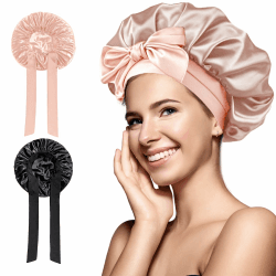 2 Stück Seidenhaube zum Schlafen, Satin Bonnet Nacht Schlafmütze, Satin Haarhaube die Nachthaube mit Gummiband für Geeignet, Schlafen, Hautpflege, Haarschutz, zum Schminken usw (Schwarz und Pink) Angebot bei HelloDeals