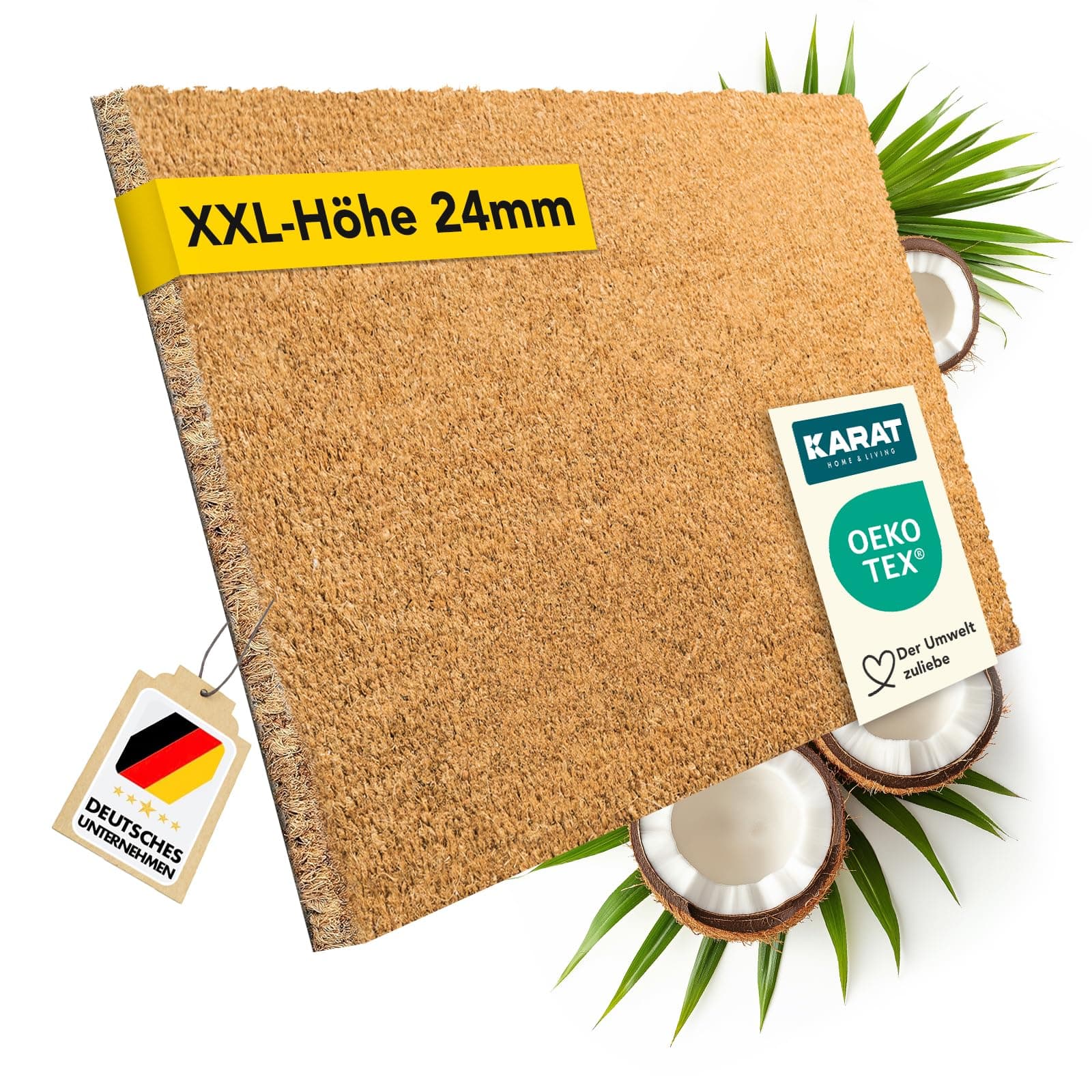 KARAT Fußmatte für Außen und Innen, 60x90 cm Natur XXL-Höhe 24mm, extra Dicke Türmate aus Kokos, Schmutzfangmatte, Kokosmatte mit Rutschfester Rückseite für Haustür, Eingang 60 x 90 cm Natur