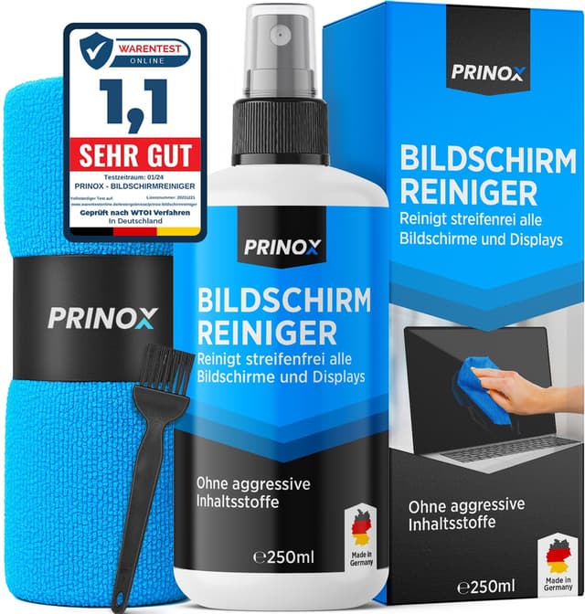 PRINOX Bildschirmreiniger Set 250ml mit Mikrofasertuch und Pinsel - Display Reiniger für Handy, Laptop und TV Displays (LCD, LED, OLED, QLED, TFT) gegen Fettflecken und Fingerabdrücke 250 ml (1er Pack)