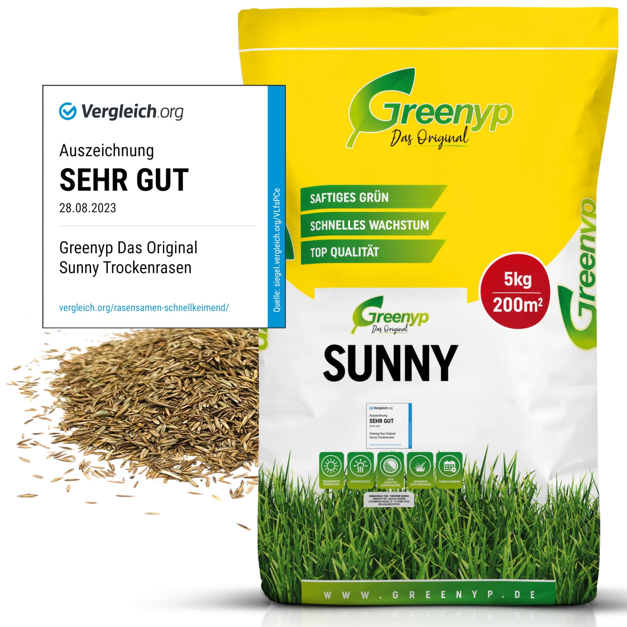 Greenyp® Sunny I dürreresistenter Trockenrasen I 5kg für 200m² I Grassamen Rasensamen Rasensaat Gras Nachsaat schnellkeimend 200m² / 5kg