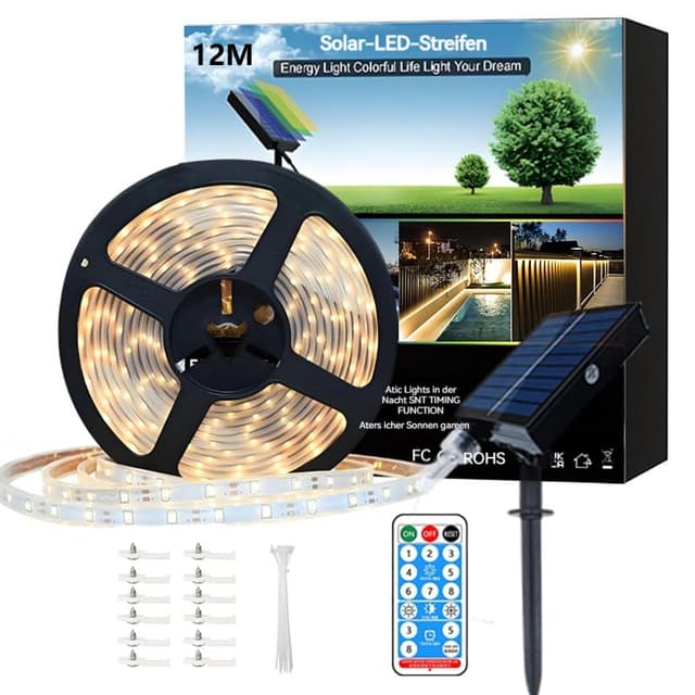 Meewata 12M Solar Strip Lights Outdoor Wasserdicht Dimmbar Gartenleuchten mit Fernbedienung & 8 Modi Schneidbar LED Lichtstreifen für Terrasse, Balkon, Terrassendielen Dekor Warmweiß Warm White 12M
