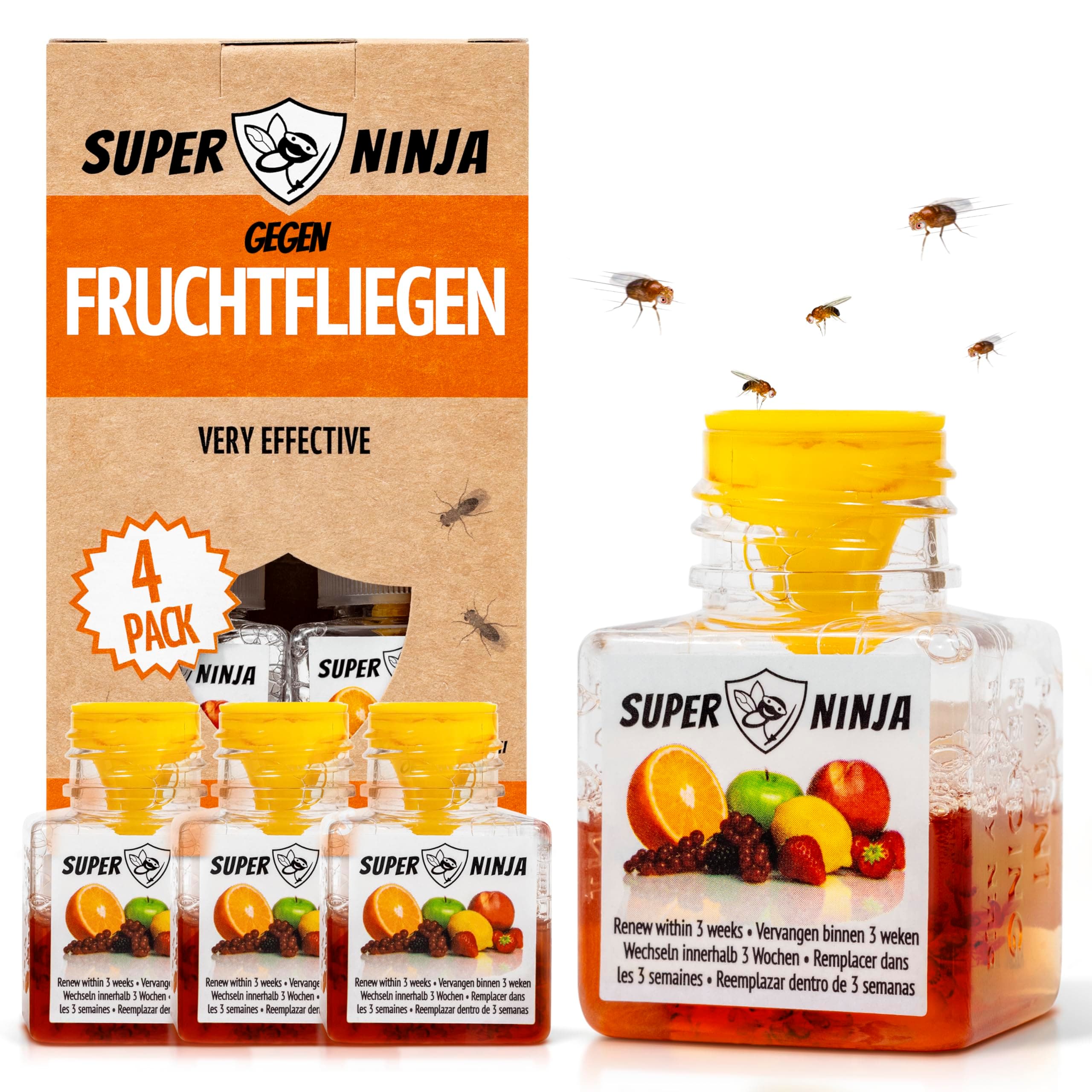 Super Ninja Fruchtfliegenfalle für Innenbereich – 4er-Pack, Wirksame Obstfliegenfalle für Haushalt und Küche, bis zu 3 Wochen Leistung pro Flasche, Kinder-und haustierfreundlich 4 stück (1er Pack)