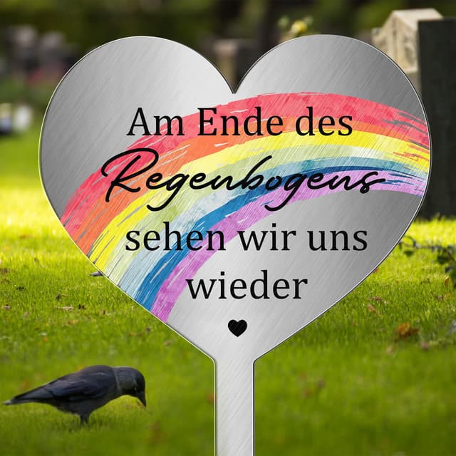 Photect Grabschmuck Wetterfest Grabstecker Metall Herz mit Spruch Am Ende des Regenbogens Sehen Wir Uns Wieder Herz Frostbeständig Grabschmuck zum Erinnerung Andenken Dekoherz Trauer silber