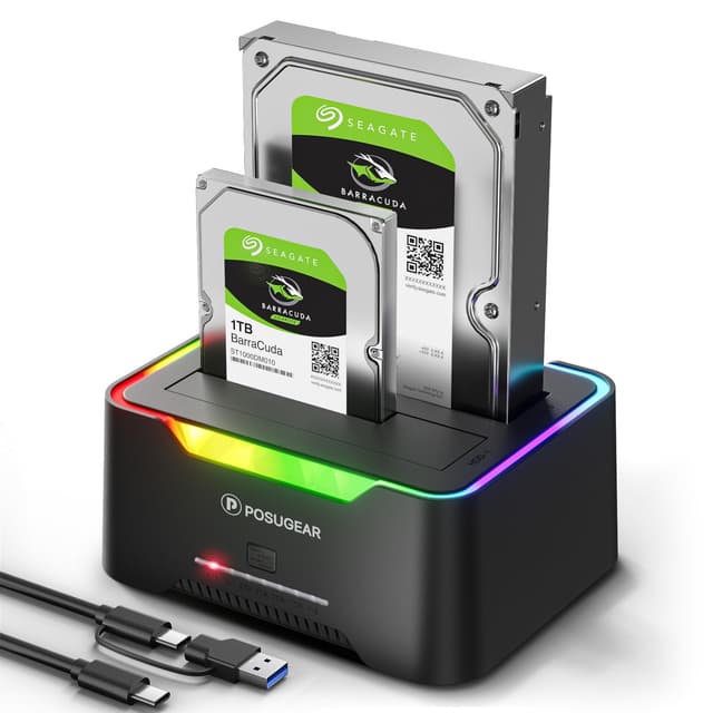 POSUGEAR Festplatten Docking Station, RGB USB 3.0 Festplattengehäuse für 2,5 und 3,5 Zoll SATA HDD/SSD, 2 x 20TB Dual Bay HDD Docking Station mit Offline Klonen Unterstützung werkzeugloser und UASP YPW