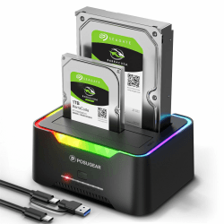 POSUGEAR Festplatten Docking Station, RGB USB 3.0 Festplattengehäuse für 2,5 und 3,5 Zoll SATA HDD/SSD, 2 x 20TB Dual Bay HDD Docking Station mit Offline Klonen Unterstützung werkzeugloser und UASP YPW Angebot bei HelloDeals