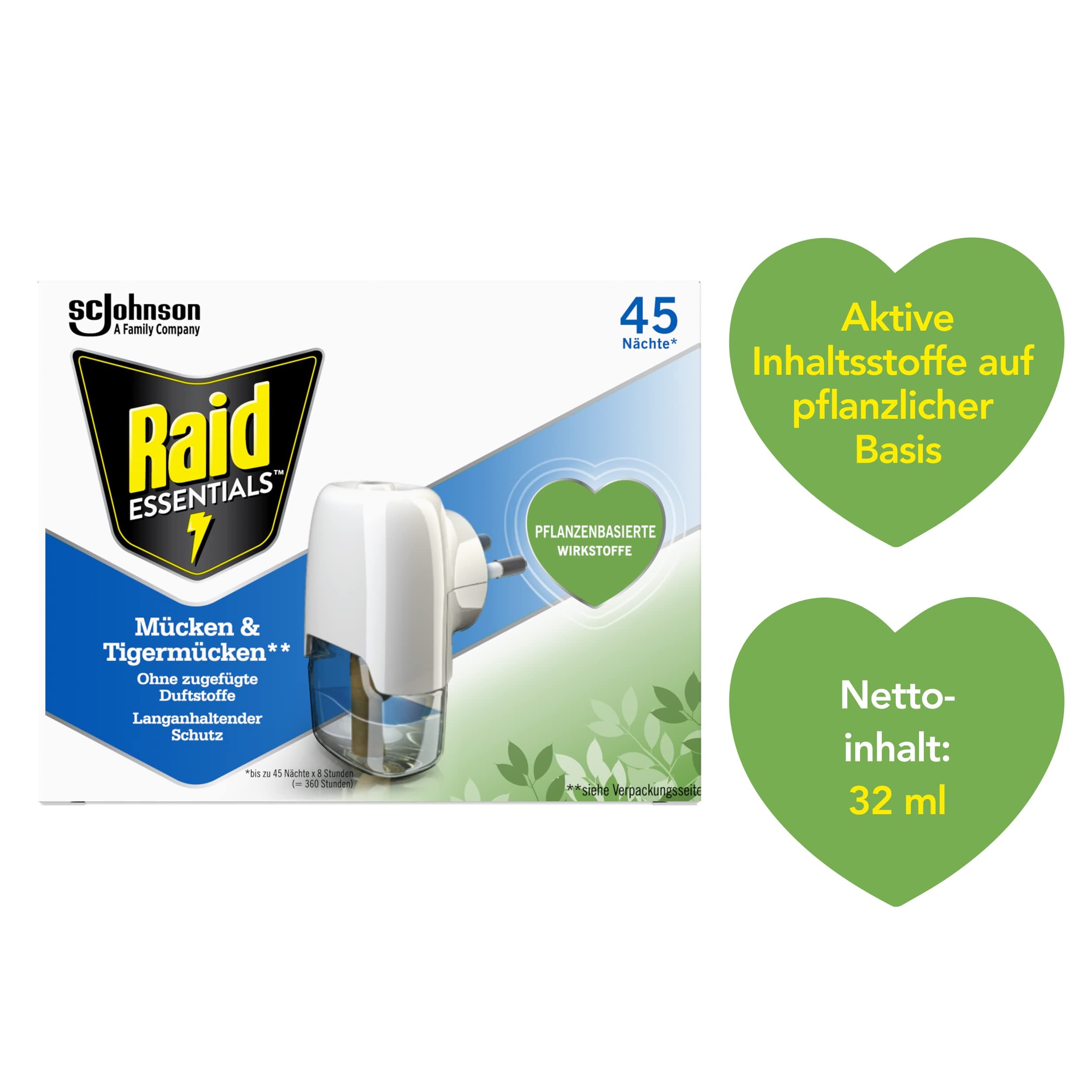 Raid Essentials Mückenstecker 45 Nächte, Elektrischer Insekten-Schutz vor Mücken & Tigermücken, mit pflanzlichen Wirkstoffen, geruchsneutral, 1er Pack (1 x 32 ml)
