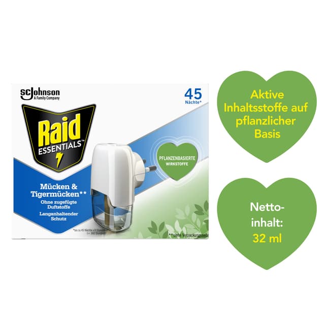 Raid Essentials Mückenstecker 45 Nächte, Elektrischer Insekten-Schutz vor Mücken & Tigermücken, mit pflanzlichen Wirkstoffen, geruchsneutral, 1er Pack (1 x 32 ml)