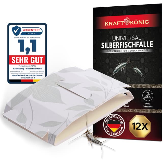 KRAFTKÖNIG Premium Silberfischfalle - 12x Silberfische bekämpfen - Papierfische bekämpfen - Klebefalle gegen Silberfische - Alternative zu Silberfisch Köderdose und Silberfisch Spray 12x Silberfischfallen