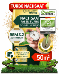 Heimwert Rasensamen schnellkeimend Turbo Nachsaat Grassamen schnellkeimend nach original RSM 3.2 Empfehlung aus hochwertigster Gräser Mischung - 1kg Sport und Spiel Rasen für 50 m2 - Made in Germany Angebot bei HelloDeals