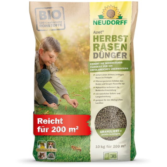 Neudorff Azet HerbstRasenDünger - Organischer Bio-Dünger für 200 m² stärkt die Frosthärte und sorgt für einen dichten, kräftigen Rasen im Frühjahr, 10 kg