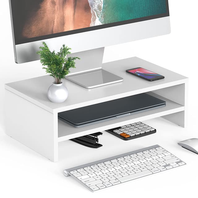 FITUEYES Monitorständer Bildschirmständer aus Holz Ergonomischem Laptop-Druckerständer für Monitor Laptop Drucker Fernseher 42,5x23,5x14cm,weiß Weiß 42,5x23,5x14cm