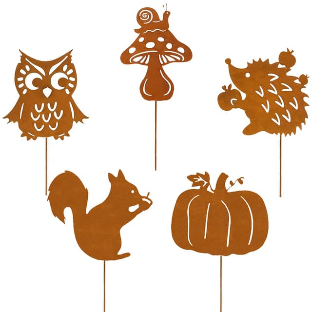 Gartenstecker Rost Herbstdeko Innen 5er Garten Deko Herbst für Draußen mit Igel Eule Pilze Eichhörnchen Kürbis Metall Roststecker Gartendeko Blumentopf Terrasse Geschenk Erntedank Herbst Fünfteiliges Set