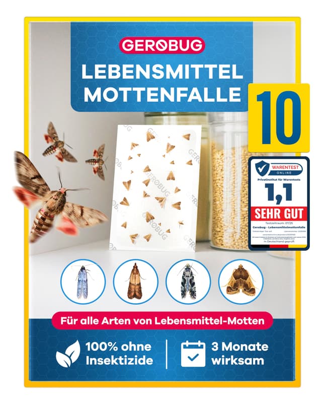 GEROBUG Lebensmittelmotten-Falle - 10 x geruchlose Pheromonfalle zum Fangen von Motten in allen Räumen - insektizidfreie Lebensmittel-Mottenfalle mit über 12 Wochen Langzeitwirkung