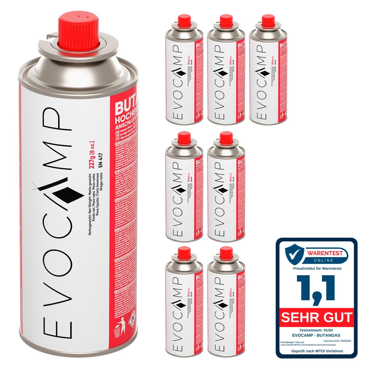 EVOCAMP 8x Stück Butan Gaskartuschen 227g Typ MSF-1a Bajonett Ventil ideal für Campingkocher, Gasheizung, Unkrautbrenner, Camping Gas Butangas Kartusche, Universaldruckgasdose für Camping und BBQ 8 Kartuschen