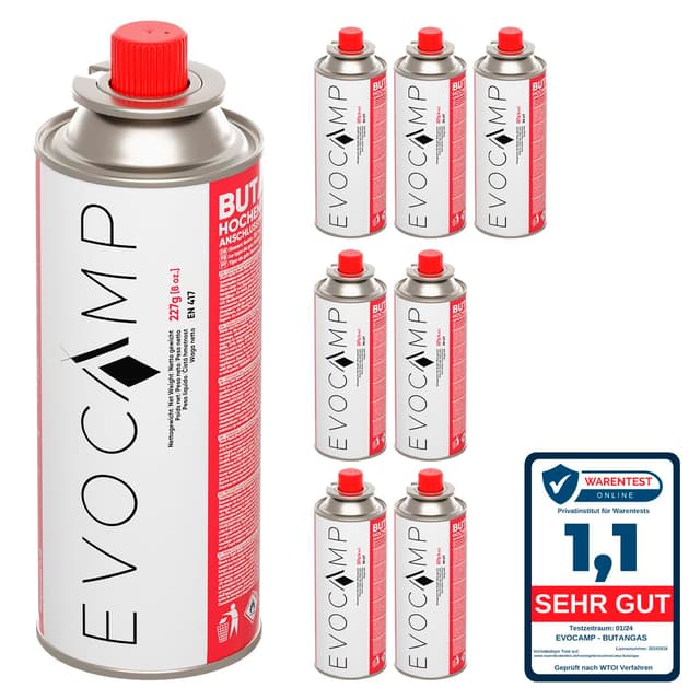 EVOCAMP 8x Stück Butan Gaskartuschen 227g Typ MSF-1a Bajonett Ventil ideal für Campingkocher, Gasheizung, Unkrautbrenner, Camping Gas Butangas Kartusche, Universaldruckgasdose für Camping und BBQ 8 Kartuschen