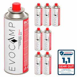 EVOCAMP 8x Stück Butan Gaskartuschen 227g Typ MSF-1a Bajonett Ventil ideal für Campingkocher, Gasheizung, Unkrautbrenner, Camping Gas Butangas Kartusche, Universaldruckgasdose für Camping und BBQ 8 Kartuschen Angebot bei HelloDeals
