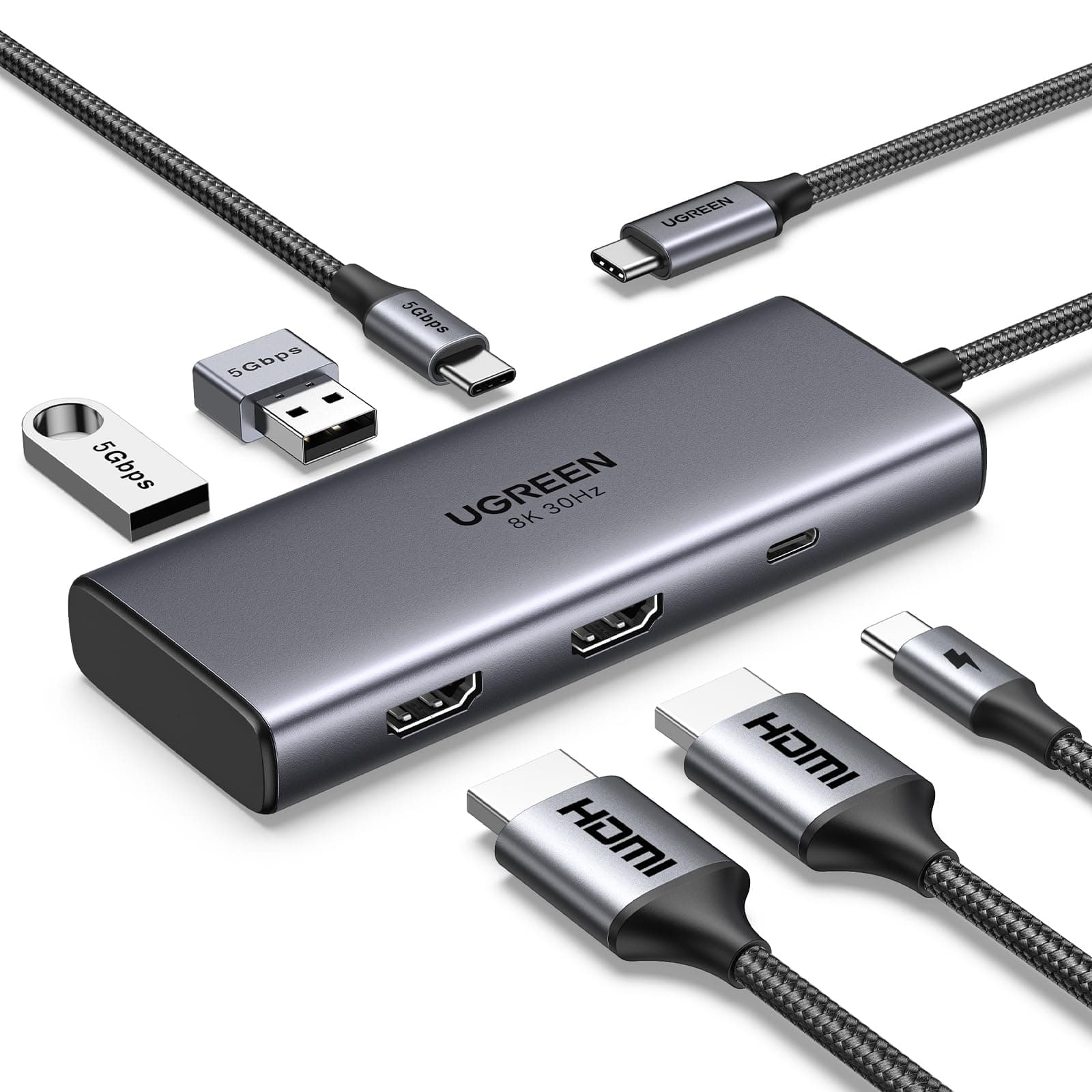 UGREEN Revodok 206 USB C Hub 2 HDMI Docking Station Dual HDMI, 3*USB Ports, PD 100W Schnellladen Kompatibel mit Surface, ThinkPad, Zenbook, MacBook Air/Pro und mehr