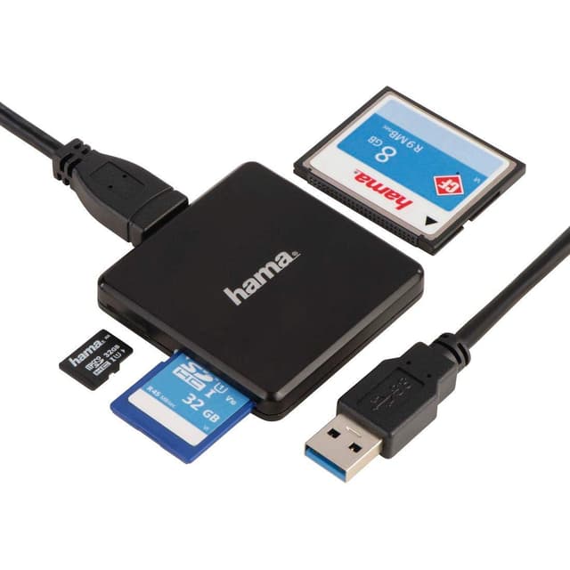 Hama Kartenleser USB 3.0 (Kartenlesegerät für SD, SDHC, SDXC, microSD, microSDHC, microSDXC, CF Speicherkarte, Card Reader mit USB Kabel für Windows PC, Mac, Notebook, Laptop, TV) schwarz USB 3.0 (UHS-I)