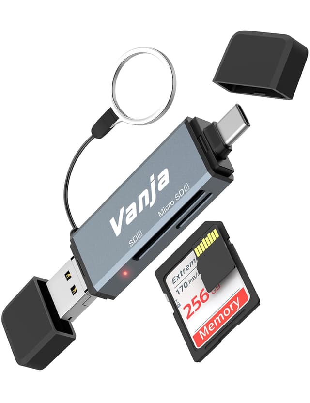 Vanja SD Kartenleser USB C, Triple-Stecker High-Speed USB Micro SD Kartenlesegerät – Unterstützt SD, SDHC, SDXC, MicroSD – Kompatibel mit iPhone 16/15, MacBook Pro/Air, Smartphone, Kamera usw