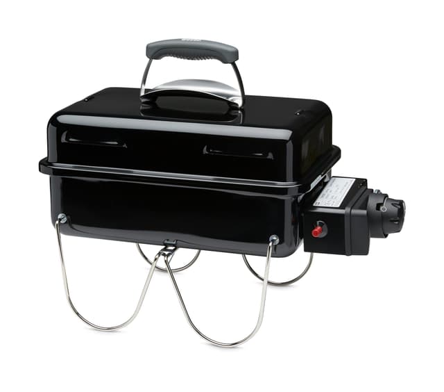 Weber Go-Anywhere Gasgrill, 42 x 26cm Grillfläche, leichter tragbarer BBQ Grill, Tisch-Campinggrill mitporzellanemaillierter Schale & Deckel, umklappbare Standfüße - Schwarz (1141079) Gas Version