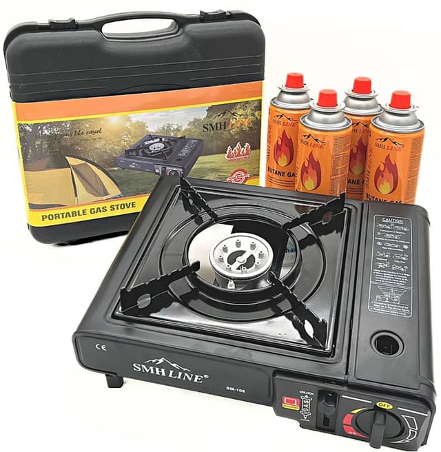 SMHLINE® Campingkocher Gaskocher Set inkl. 4x Gaskartuschen 227g Butan Gas Camping Herd Outdoor Tischgrill 1 flammig Piezozündung Tragekoffer