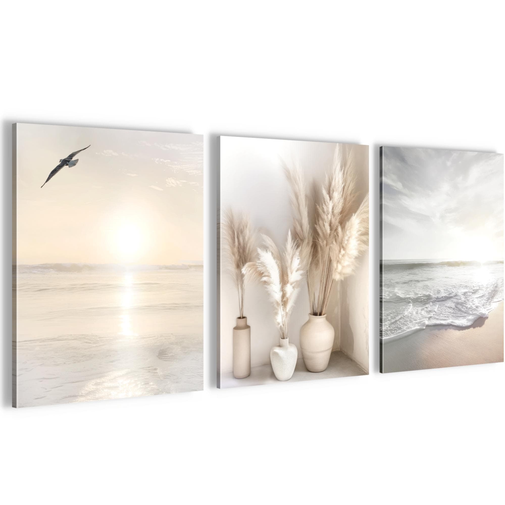 Novart Wandbilder Set Strand Meer Boho - KOMPLETT AUFHÄNGFERTIG - Wohnzimmer Schlafzimmer Flur Deko - 3 Moderne Bilder Beige - N029435a Meer 30 x 40 cm - 3 Bilder Angebot bei HelloDeals