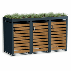 Metzler® Mülltonnenbox 3er mit Automatikdeckel und Pflanzdach aus Stahl in Holzdesign, abschließbar, witterungsbeständig, modular erweiterbar, passend für 3 Tonnen bis je 240L, Außenbereich 3 Tonnen Holzdesign mit Pflanzdach Angebot bei HelloDeals