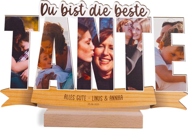 Tante Geschenk personalisiert - Foto Holzbild opt. mit Sockel - Beste Tante Geschenke, Geburtstag, Onkel & Tante Geschenke