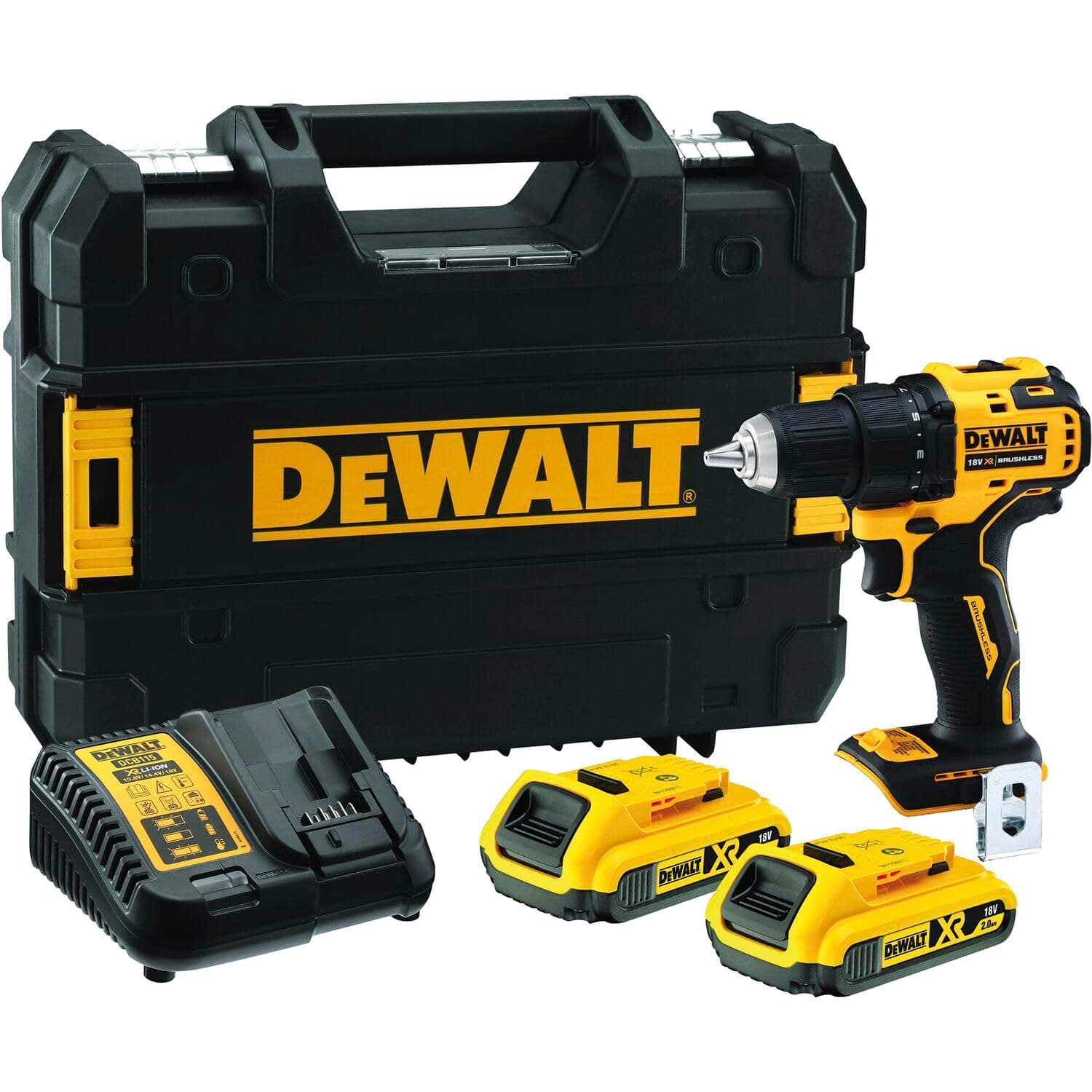 DEWALT18 Volt 2-Gang Akku-Bohrschrauber (bürstenloser Motor, Vollmetallgetriebe,15-stufiges Drehmomentmodul, 13 mm Schnellspann-Bohrfutter, 2x 2 Ah Li-Ion Akkus, Ladegerät, LED-Leuchte), DCD708D2T-QW Single Angebot bei HelloDeals