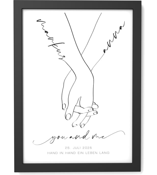 Papierschmiede® Paar Bild Personalisiert mit Namen, Datum und Ort, DIN A5 (15x21 cm) Bilderrahmen wählbar, Wandbild Hochzeitsgeschenke für Brautpaar Jahrestag Hände „Hand in Hand“ Hand in Hand 21L x 14.8B cm