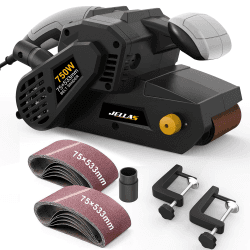 Jellas Bandschleifer 75 mm × 533 mm mit 10-teiligen Schleifbändern und Staubbeutel, Tischschleifer mit variabler Drehzahlregelung, 2-in-1-Staubsaugeradapter, 3 Meter langes Netzkabel Angebot bei HelloDeals
