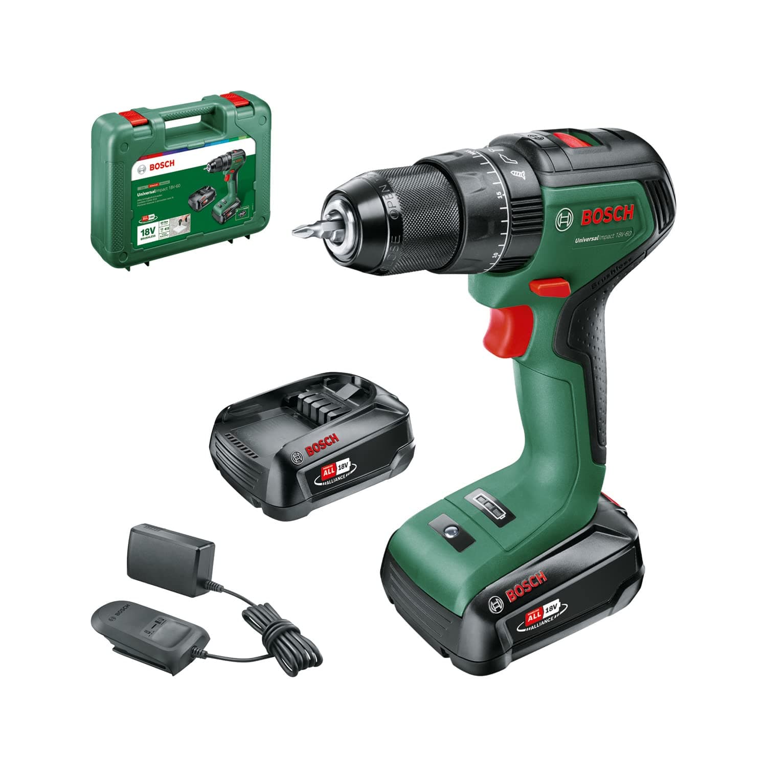 Bosch Akku Schlagbohrschrauber UniversalImpact 18V-60 (2 Akku, 18 Volt System, im Koffer) 60 Nm | 13 mm Bohrfutter 2x 2.0 Ah Akku Angebot bei HelloDeals