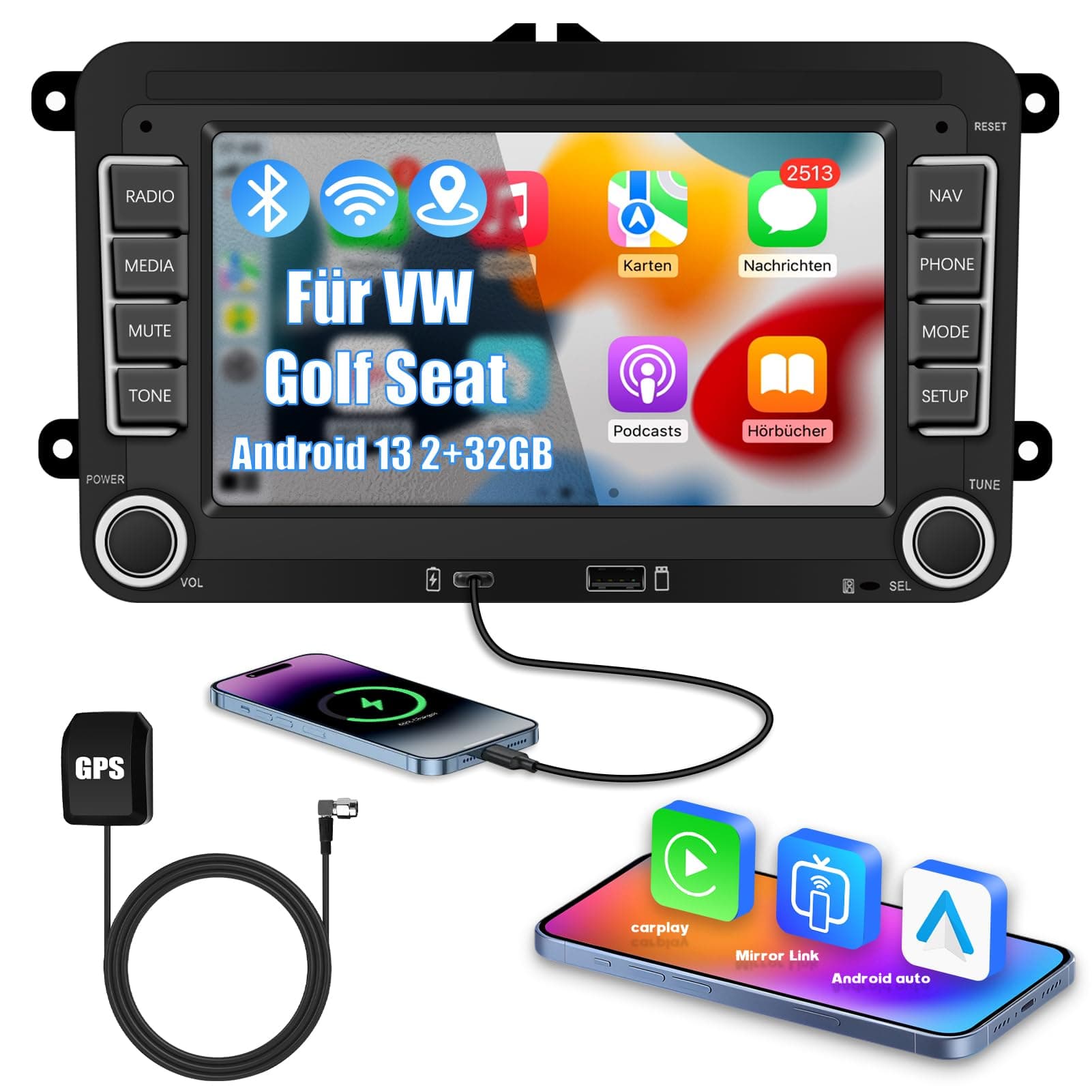 Ledio Bluetooth Autoradio mit Bildschirm für VW Golf 5 6 T5 Polo 6r Caddy Passat Touran Seat, Auto Radio mit Navi WLAN FM/AM Dab Radio, Apple Carplay Android Auto Mirrorlink 2Din 7 Zoll Android 14 GPS