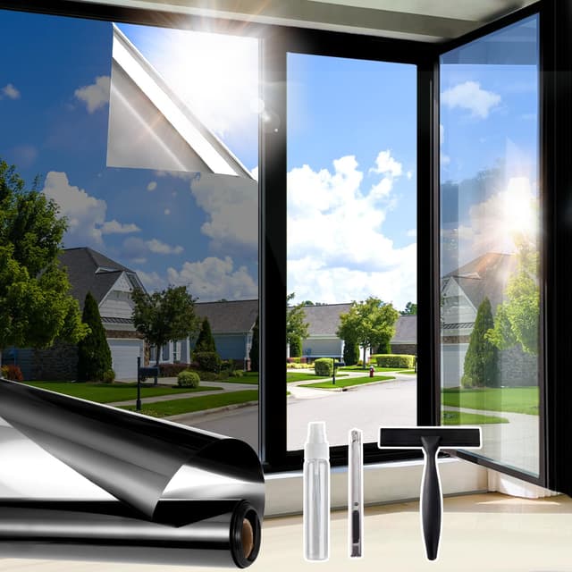 Windimiley Fensterfolie Sonnenschutz Hitzeschutz,Spiegelfolie Fenster Sichtschutz Selbstklebend,UV Schutzfolie Einseitig Blickdicht Wärmeschutzfolie für Sommer Schwarz-Silber 45x200cm Schwarz 45 x200 cm