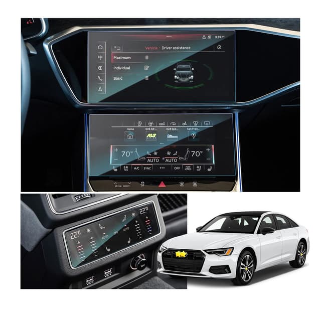 SKTU Displayschutzfolie kompatibel mit Audi A6 / A7 2019-2023 2024 Oberer Bildschirmfilm 10,1'' + unterer Bildschirmfilm Schutzfolie 8,6'' + Klimaanlagenfolie aus gehärtetem Glas Kratzfest Für MMI + Klima Vorne&hinten