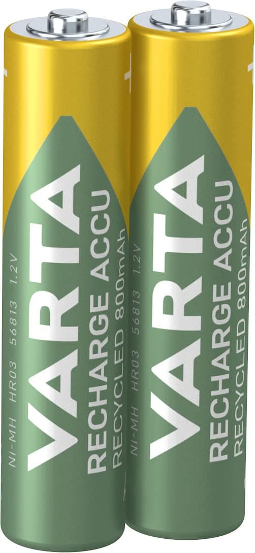 VARTA Batterien AAA, wiederaufladbar, 2 Stück, Recharge Accu Recycled, Akku, 800 mAh Ni-MH, aus 21% recyceltem Material, vorgeladen, sofort einsatzbereit 2 Stück Größe AAA Single