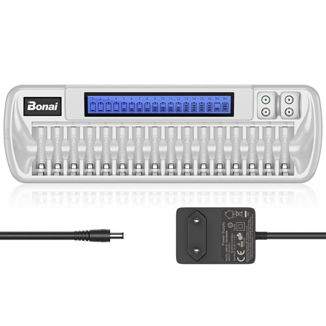 BONAI Akku Ladegerät 18 Slot Universal Schnelles Batterieladegerät LCD Smart Akkuladegerät Intelligent Battery Charger für AA AAA 9V Block NI-MH/NI-CD Wiederaufladbare Batterien Weiß