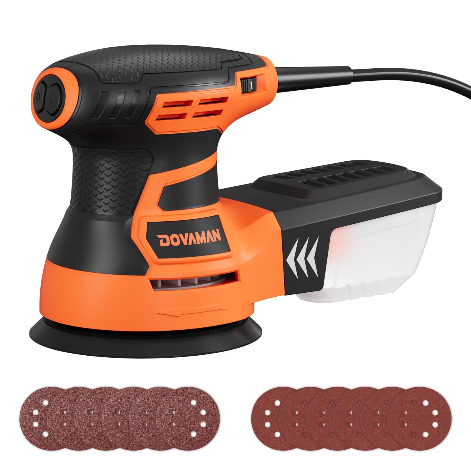 DOVAMAN ROS01A Exzenterschleifer 350W, 6-stufige Drehzahlregelung bis 13.000 U/min, 125mm Schleifmaschine, mit Staubabsaugung & 12 Schleifpapieren, für Holz- und Metalloberflächen A. Orange Angebot bei HelloDeals