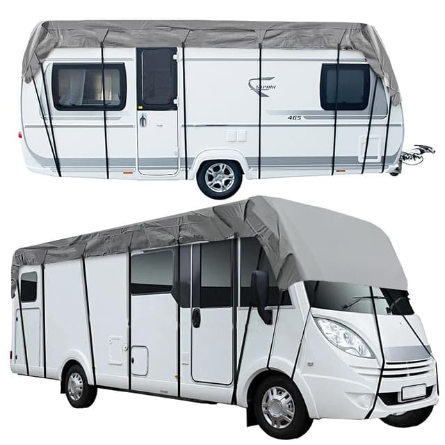 Wohnwagen Abdeckung, Wohnwagen schutzhülle, Grauer Premium Vliesstoff, UV, Wasser und staubbeständig, Universal Wohnwagenverdeck (L800 x W300cm(L314 x W118in))