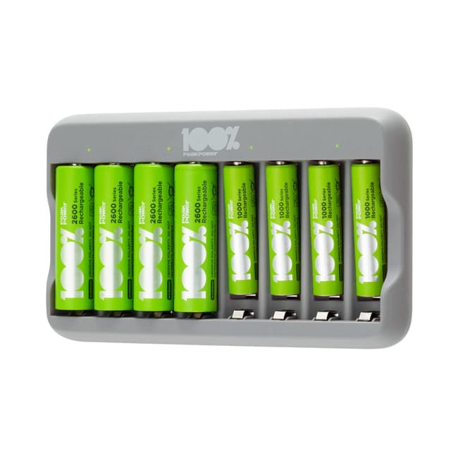 PeakPower Akku Ladegerät AA AAA | Batterie Ladegerät inkl. 8 Akkus (4X AA + 4X AAA Akku), Überladeschutz, Sicherheits-Timer (USB Ladegerät Batterien in plastikfreier Verpackung) 8-Slot Ladegerät + 8 Akkus