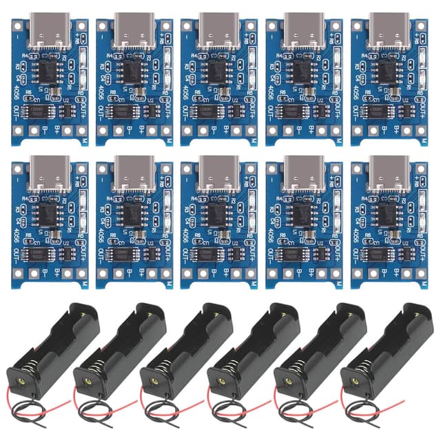 GTIWUNG 6 Stück 3.7V 18650 Batteriehalter mit Wire Leads, Single Slot + 10 Stück Type-C USB 5V 1A 18650 Lithium Battery Charger Module Charging Board with Dual Protection Functions 10 Stück Type-C USB + 3.7V Batteriehalter