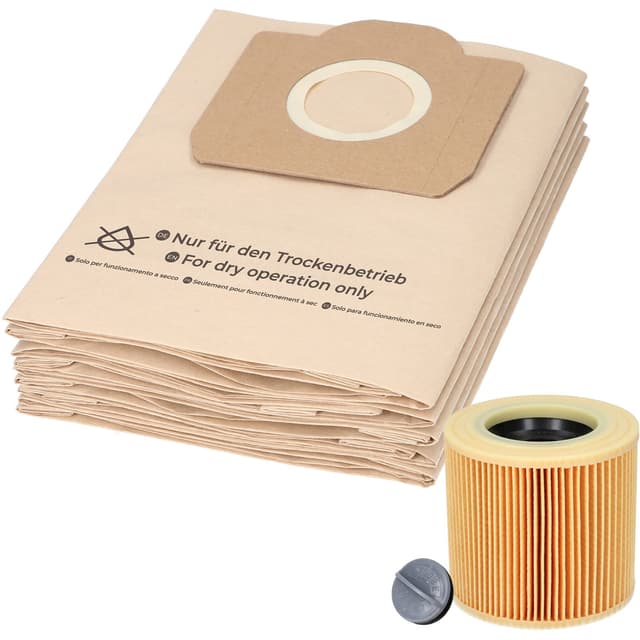 McFilter I 10 Staubsaugerbeutel + 1 Filter kompatibel mit Kärcher WD3 und MV3 Staubsauger, Alternative für 6.959-130.0 (Beutel) und 6.414-552.0 KFI 3310 (Patronenfilter), KA 32 kompatibel mit Kärcher WD 3 / MV 3
